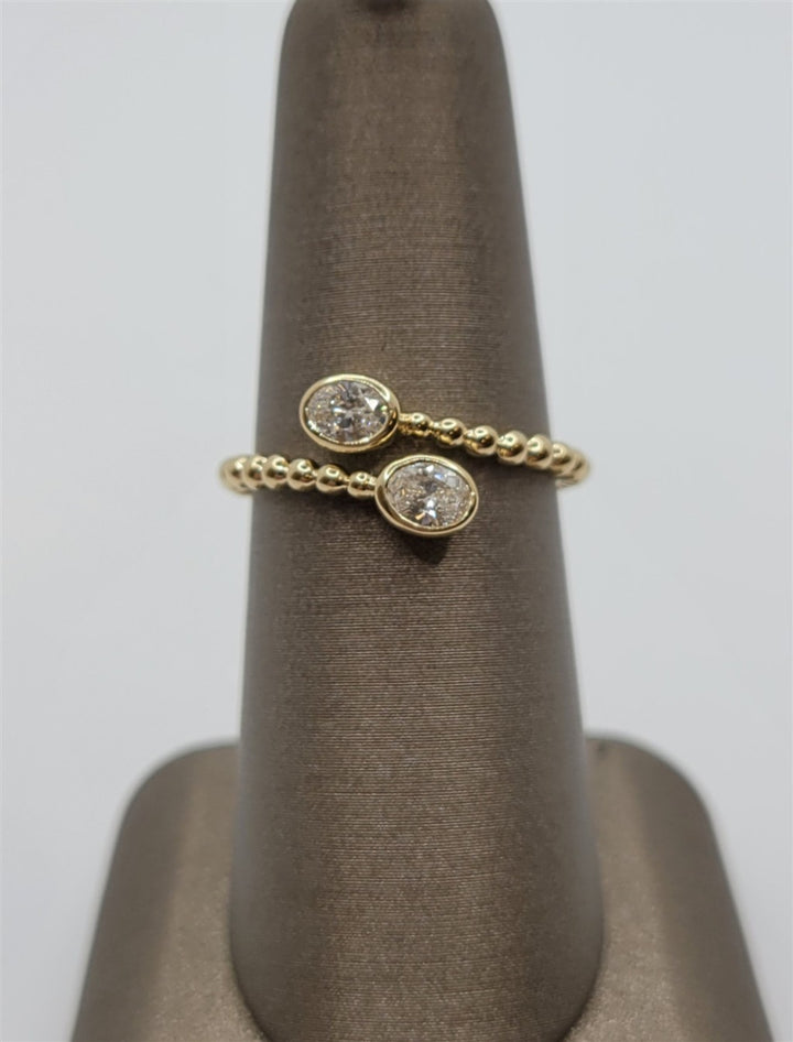 14K Yellow Gold Beaded Oval Diamond Bypass Ring