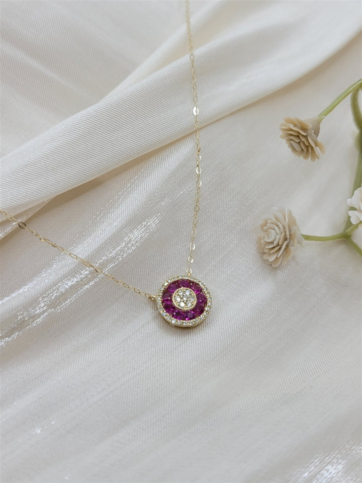 18" 14K Yellow Gold Ruby & Diamond Circle Fashion Necklace
