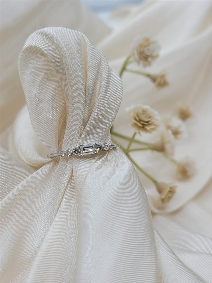 14K White Gold Baguette And Round Dainty Diamond Fashion Ring