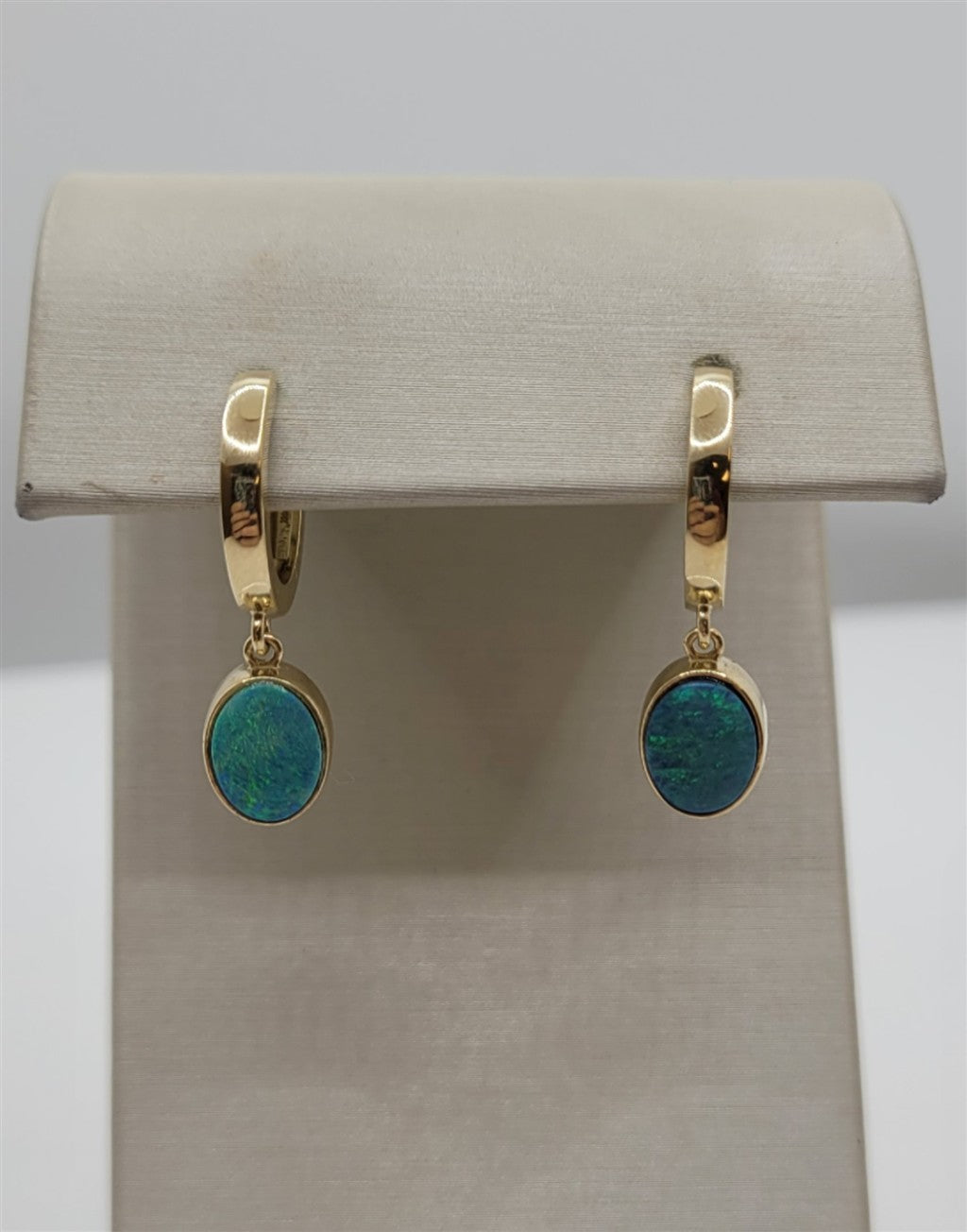 14K Yellow Gold Opal Huggie Hoop Dangle Earrings