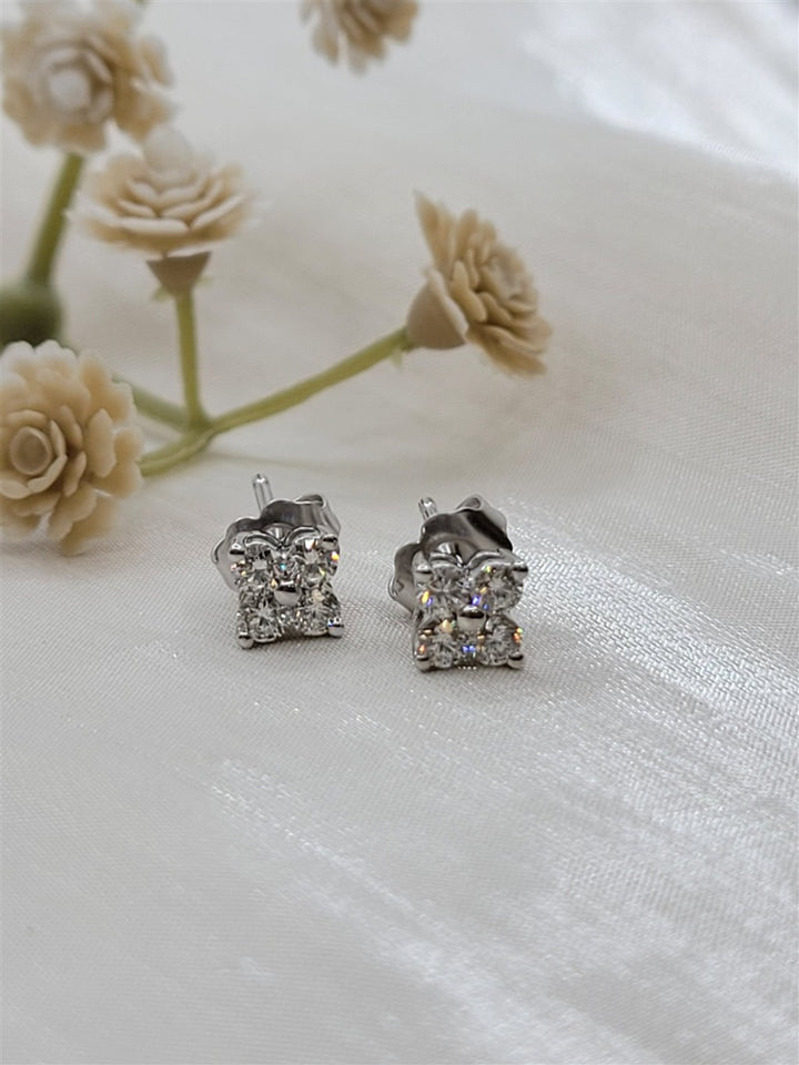14K White Gold Diamond Clover Stud Earrings