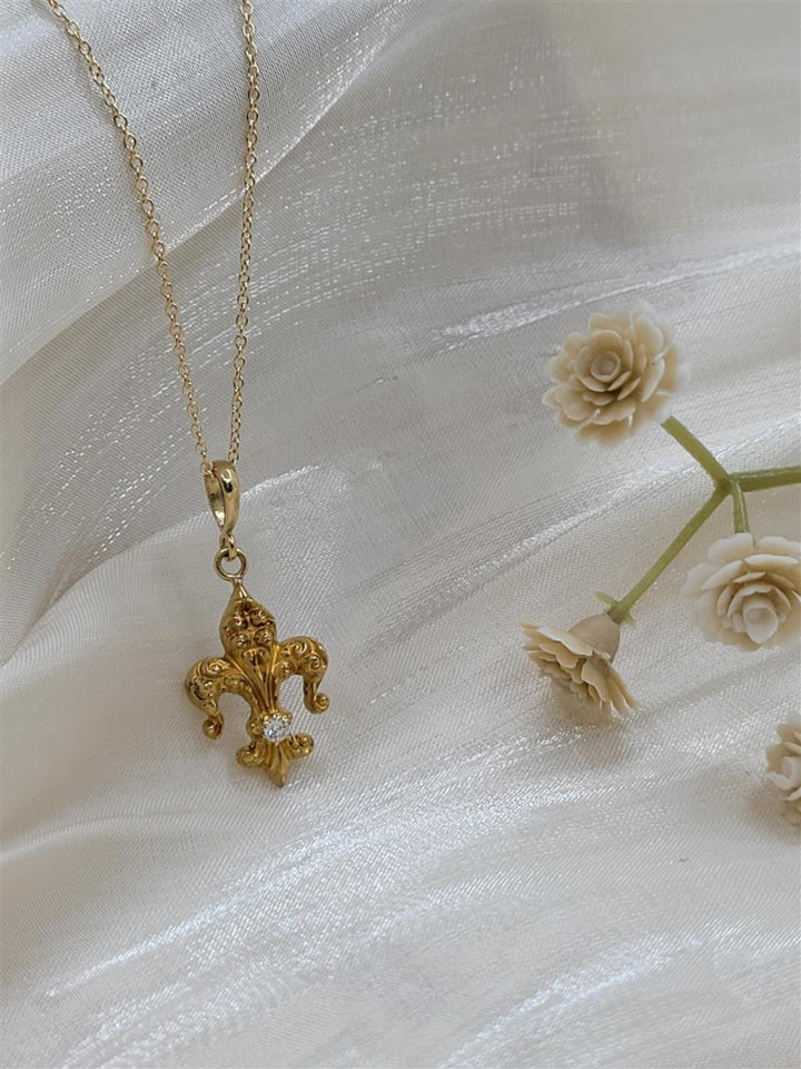 14K Yellow Gold Diamond Fleur-De-Lis Pendant Necklace