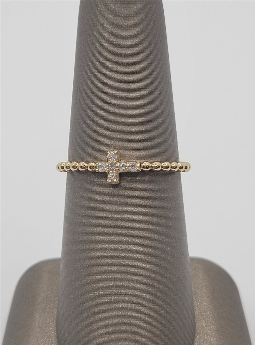 14K Yellow Gold Sideways Cross Diamond Beaded Fashion Ring