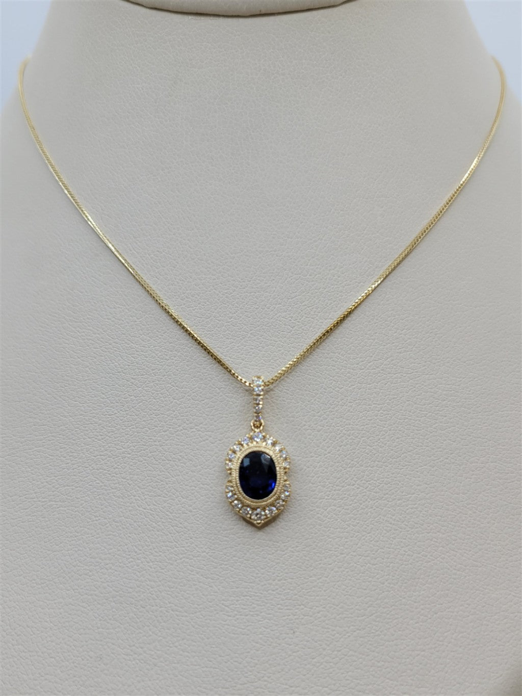 14K Yellow Gold Blue Sapphire And Diamond Antique Inspired Necklace