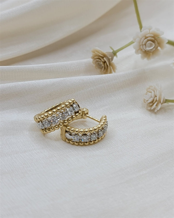 14K Two-Tone Beaded Diamond Fashion Hoop-Stud Earrings