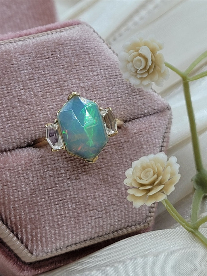 14K Yellow Gold Fashion Moonstones & Opal Gemstone Ring