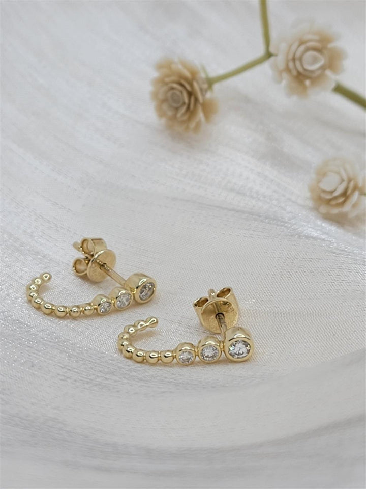 14K Yellow Gold Diamond Huggie Stud Earrings