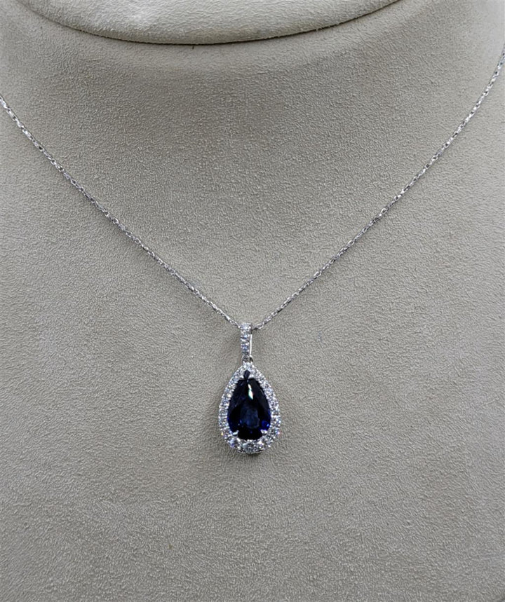 18K White Gold 2.49 ctw Pear Cut Sapphire Gemstone & Diamond Necklace