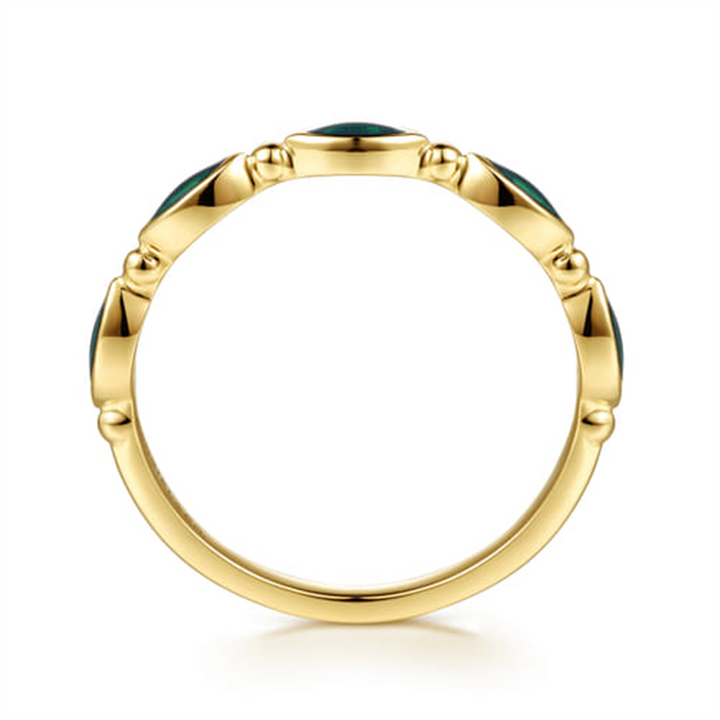 14K Yellow Gold Bujukan Ball And Marquise Shape Stackable Ring With Chrome Green Enamel