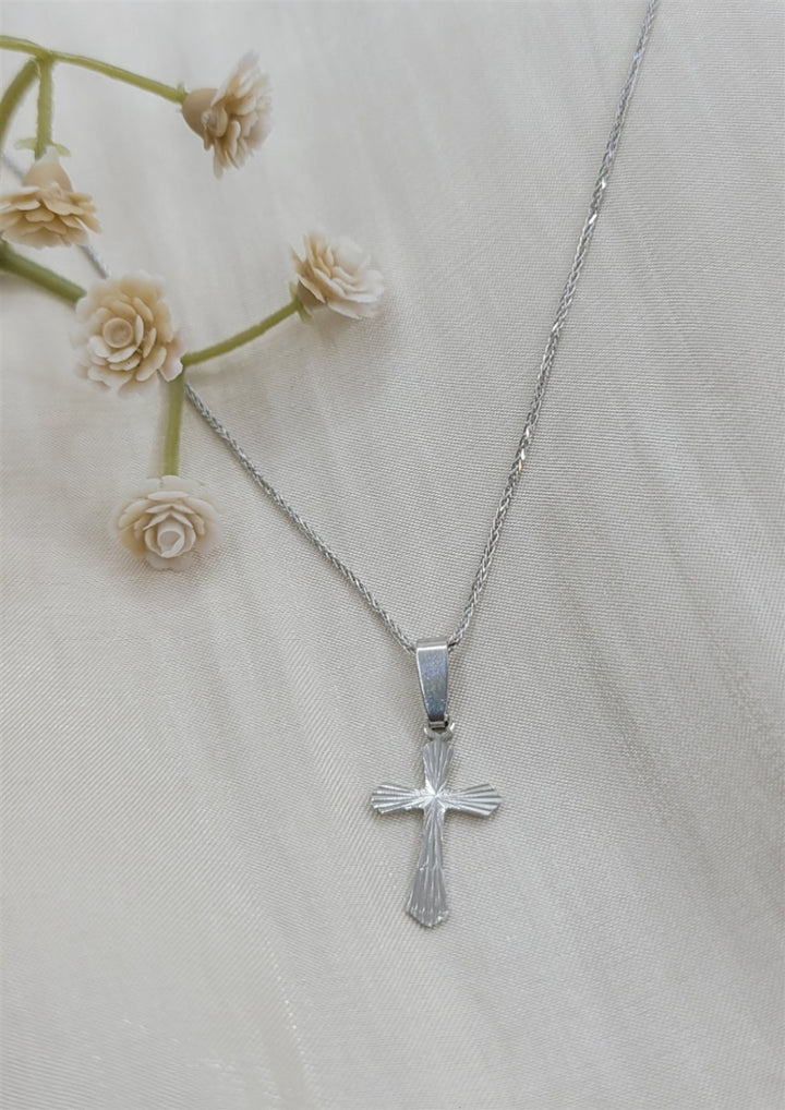 14K White Gold Diamond Cut Cross Pendant Necklace