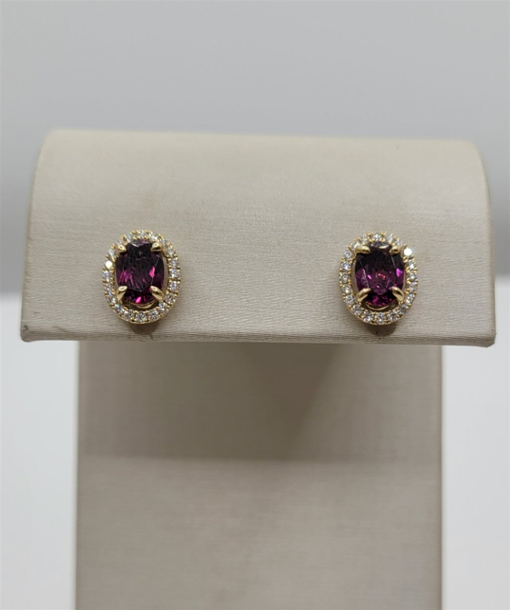 14K Yellow Gold Rhodolite Garnet Diamond Halo Stud Earrings