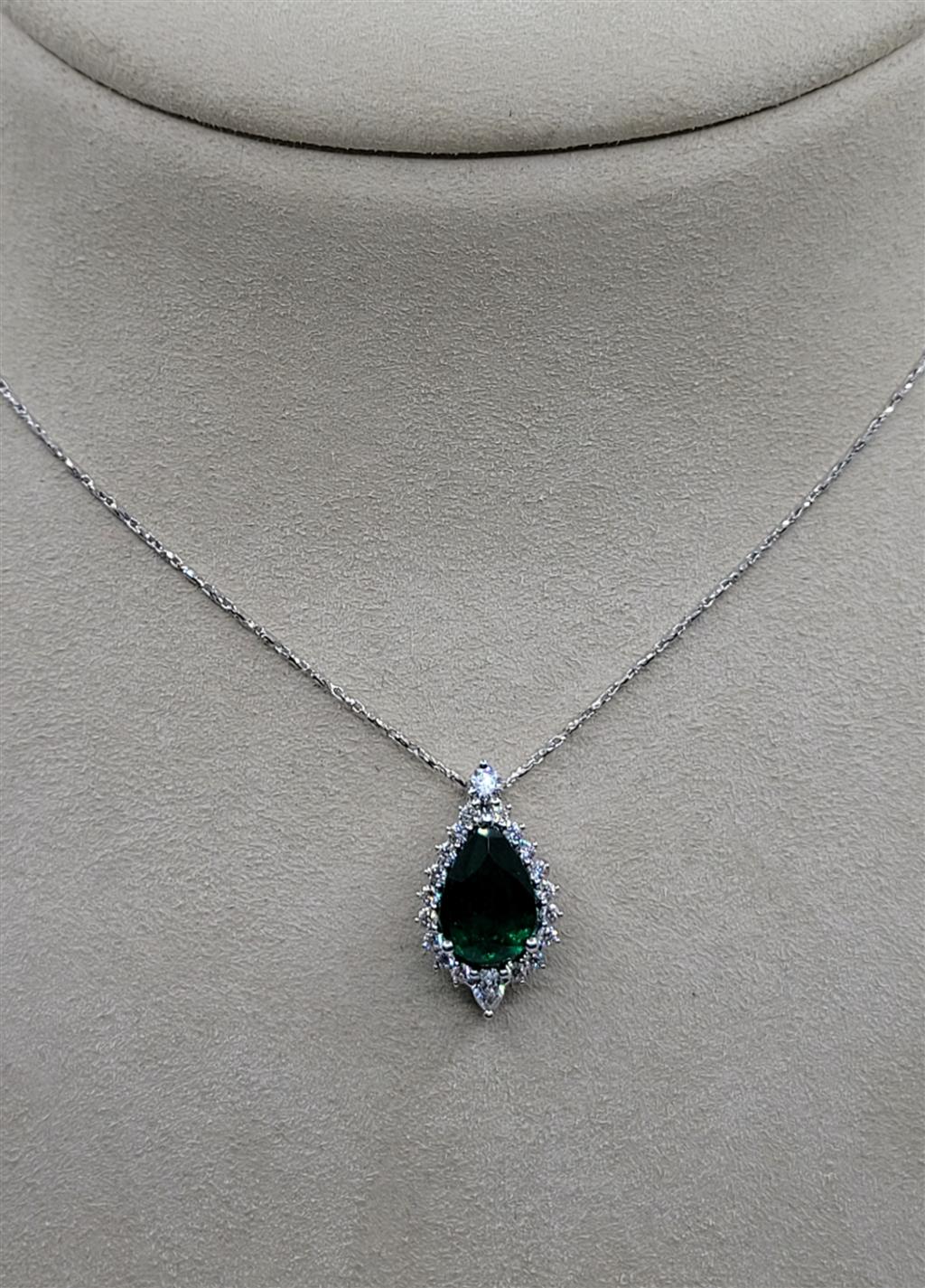 14K White Gold Emerald & Diamond Fashion Necklace