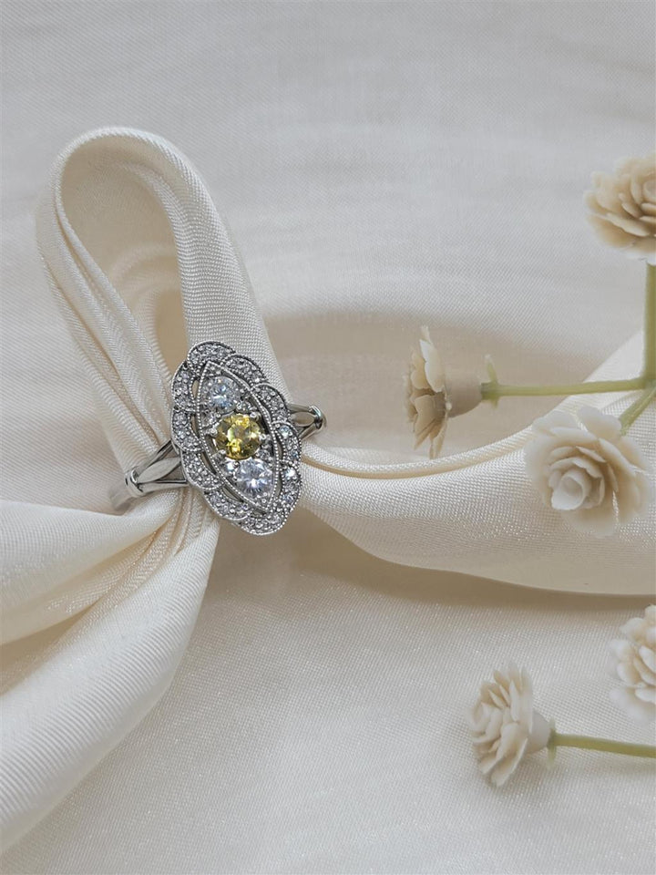 14K White Gold Antique Golden Sapphire & Diamonds Gemstone Ring