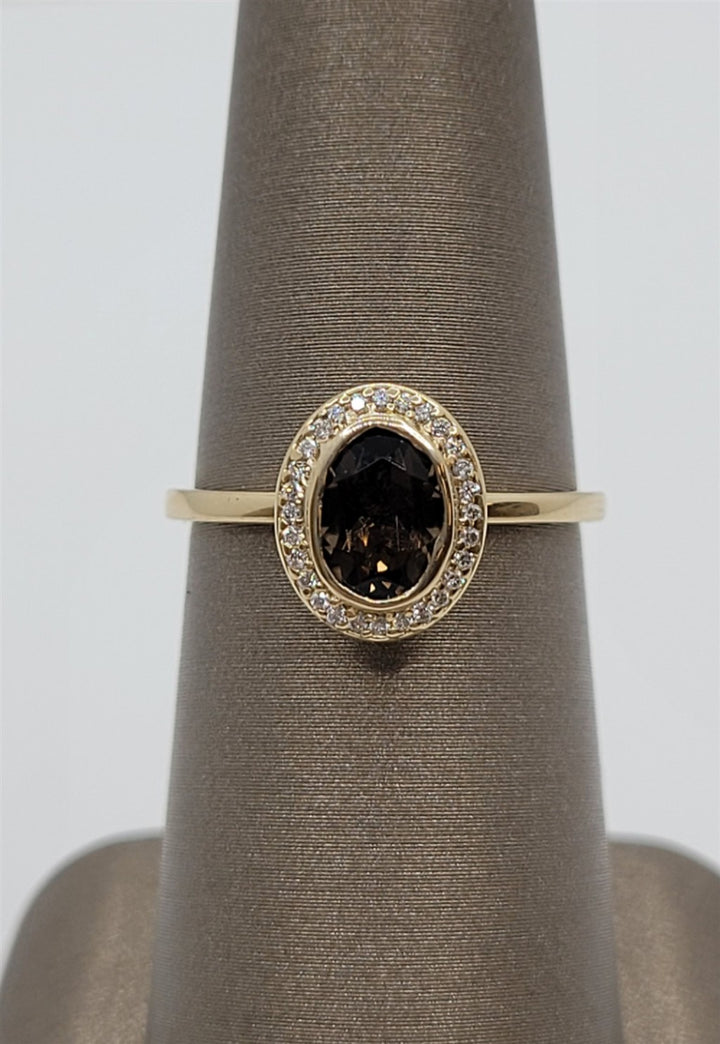 14K Yellow Gold Natural Smoky Quartz & Diamond Ring