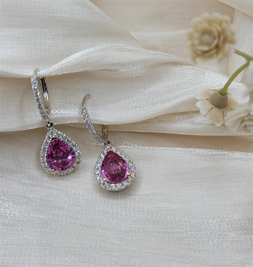 14K White Gold Pink Sapphire & Diamond Dangle Earrings