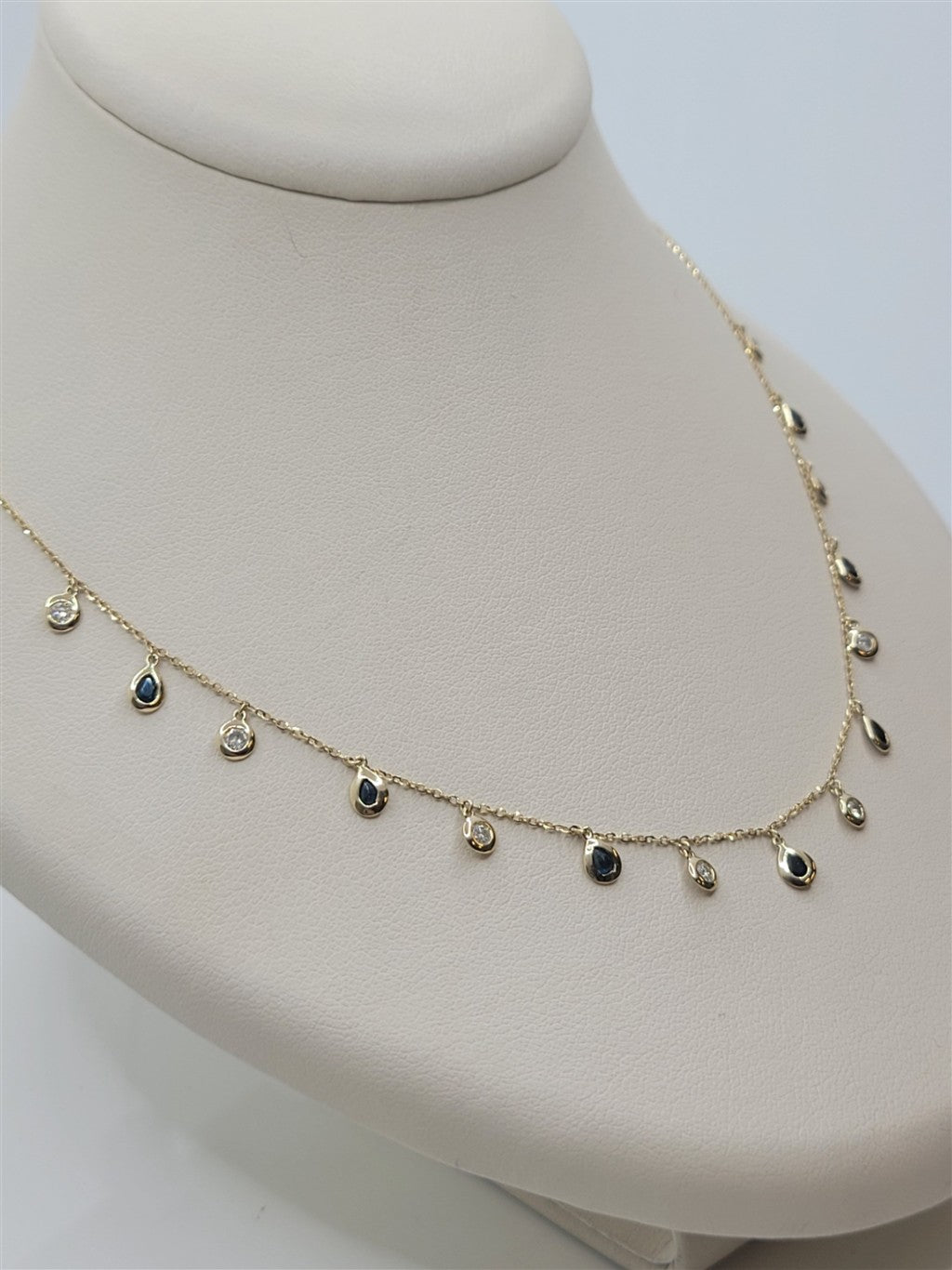 18" 14K Yellow Gold Sapphire And Diamond Dangle Station Necklace