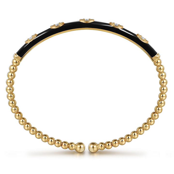 14K Yellow Gold Bujukan Beads And Diamond Split Bangle With Black Enamel