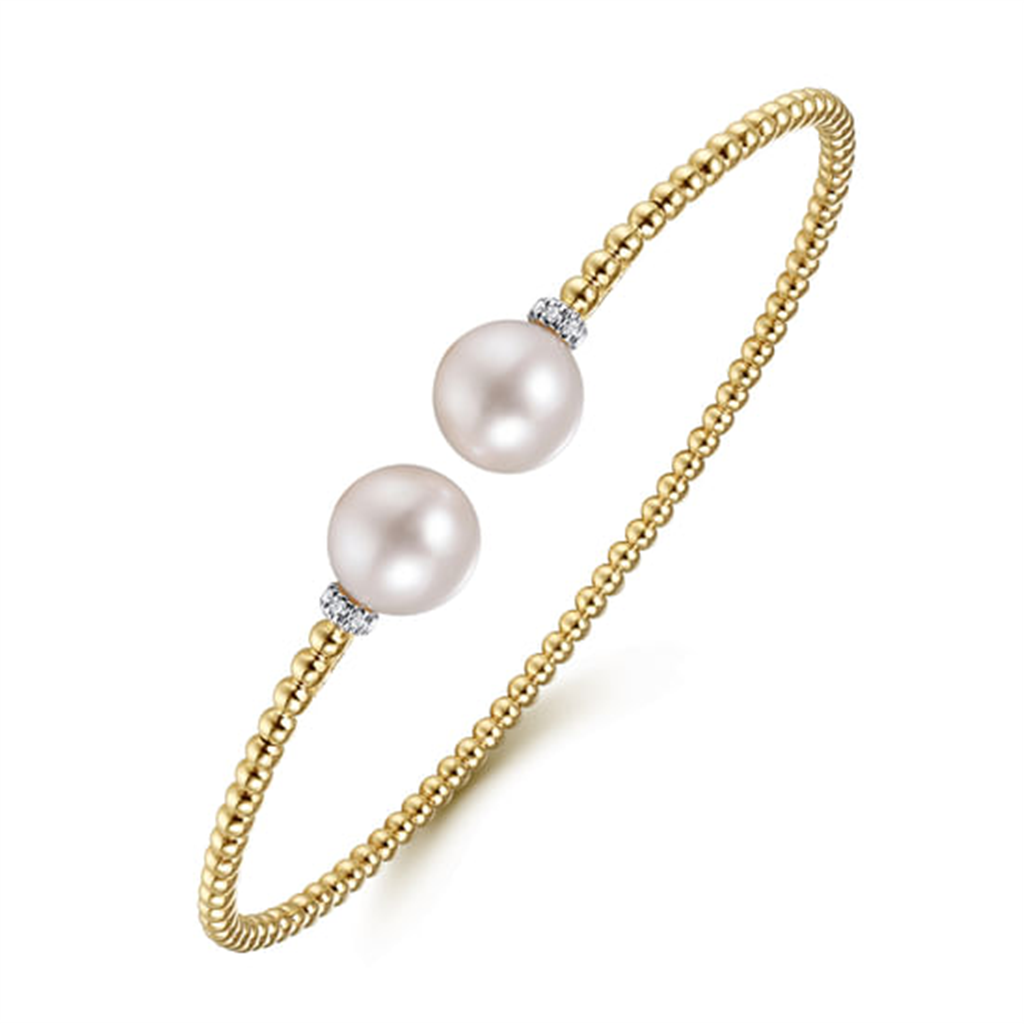 14K Yellow Gold Bujukan Diamond And Pearl Split Bangle