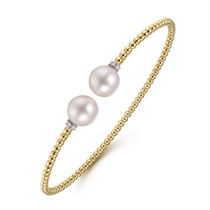 14K Yellow Gold Bujukan Diamond And Pearl Split Bangle