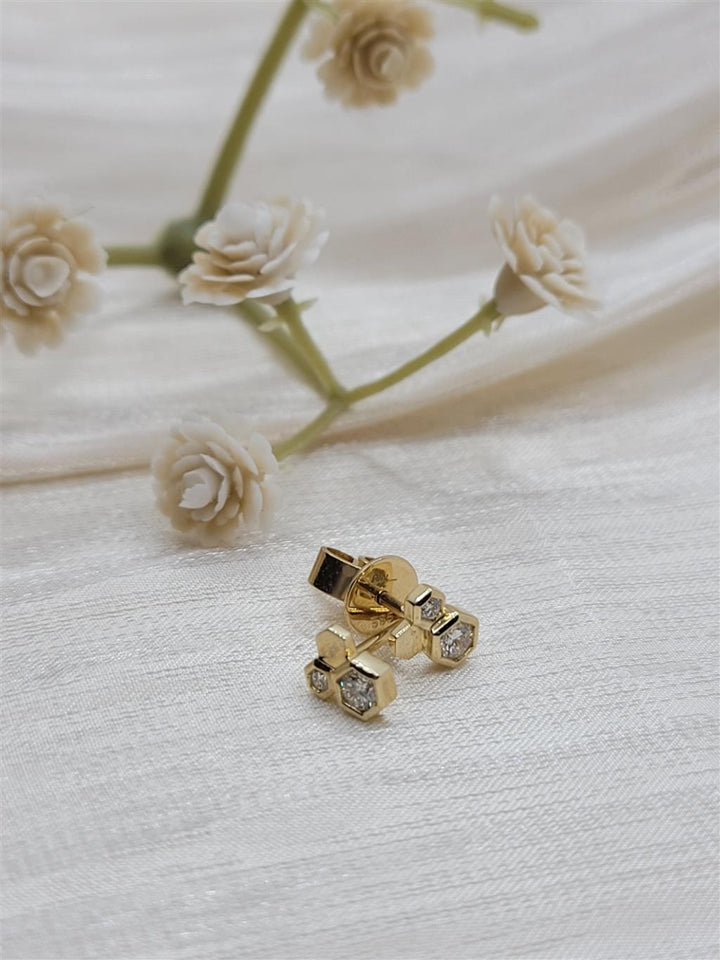 14K Yellow Hexagon "Beehive"  Diamond Fashion Earrings