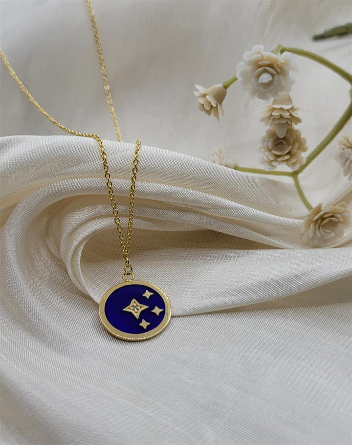 14K Yellow Gold Blue Enamel Fashion Star  Necklace