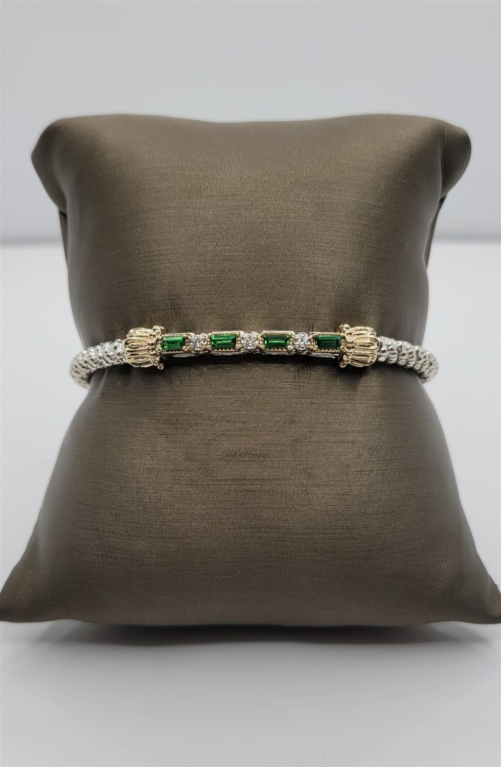 "Vahan" Sterling Silver & 14K Yellow Gold 3 mm Diamond & Tsavorit Garnets Closed Bangle Bracelet