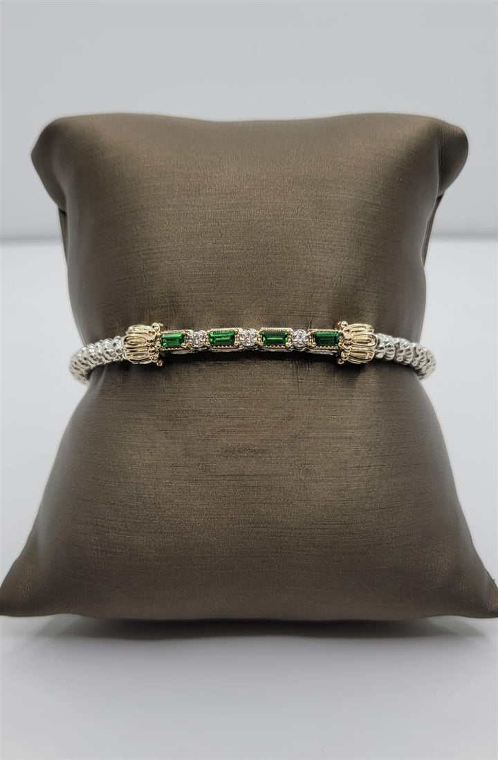 "Vahan" Sterling Silver & 14K Yellow Gold 3 mm Diamond & Tsavorit Garnets Closed Bangle Bracelet