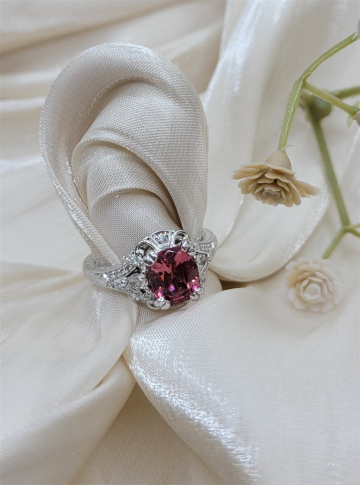 14K White Gold Vintage Style Pink Tourmaline & Diamond Ring