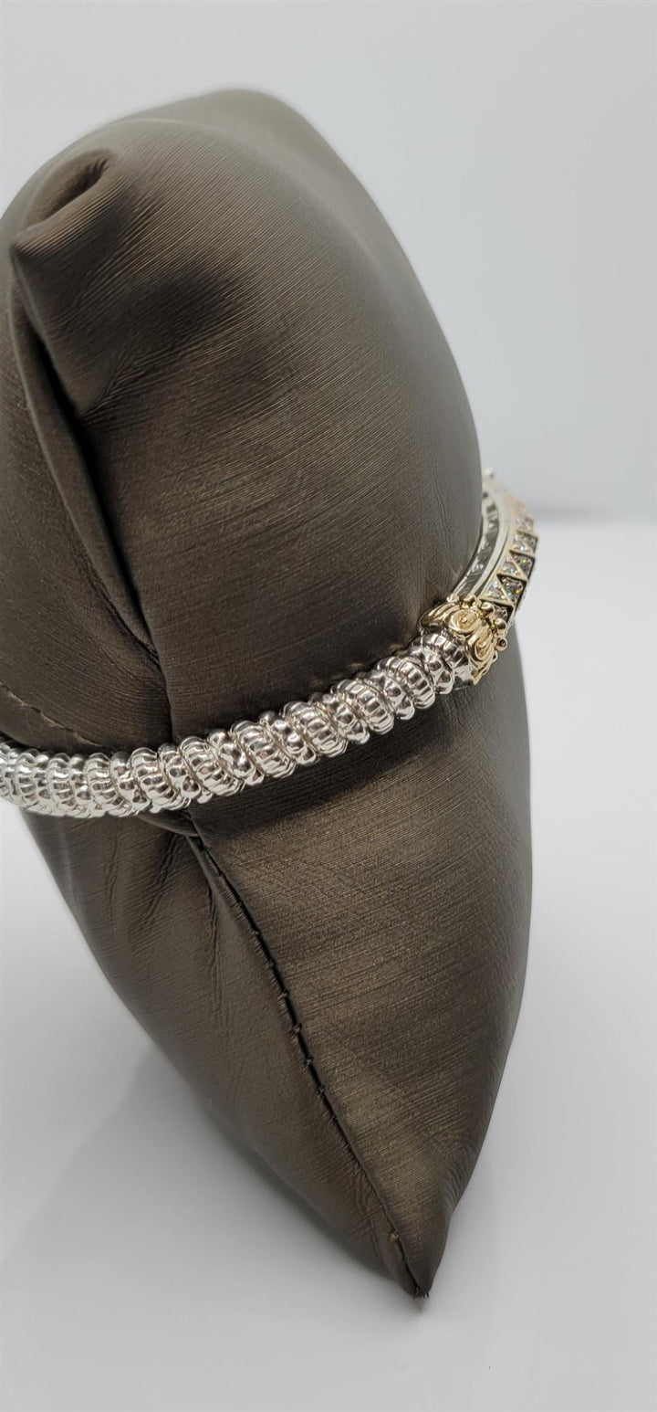 "Vahan" Silver & 14k 4mm Diamond Open Bangle Bracelet