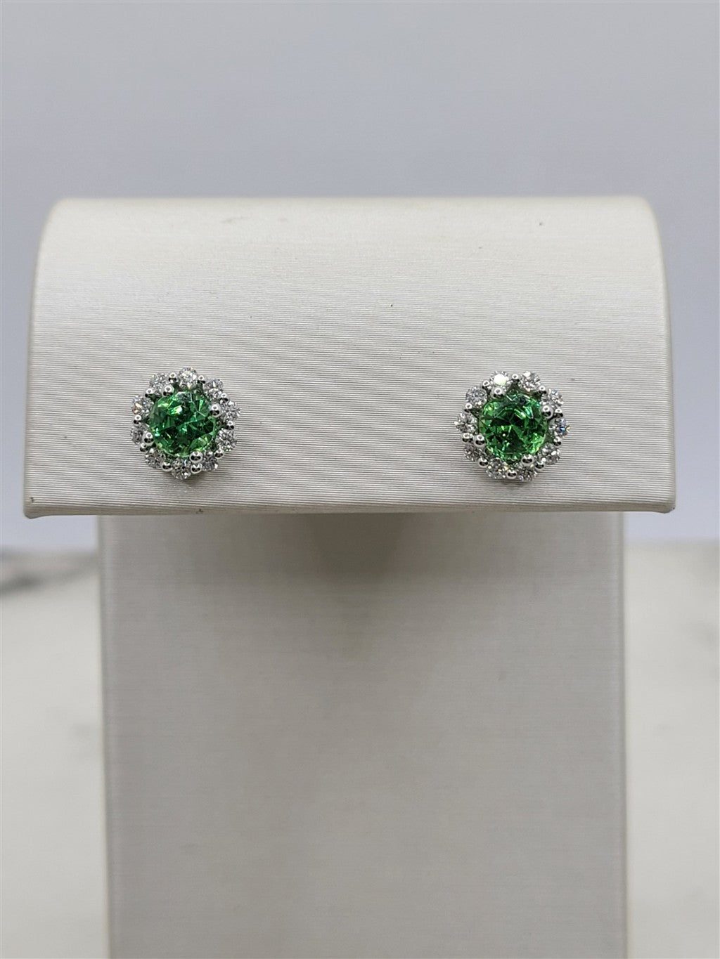 14K White Gold Tsavorite Garnet & Diamond Halo Earrings