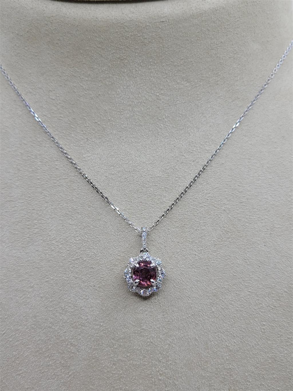 14K White Gold Pink Tourmaline & Diamond Halo Fashion Necklace