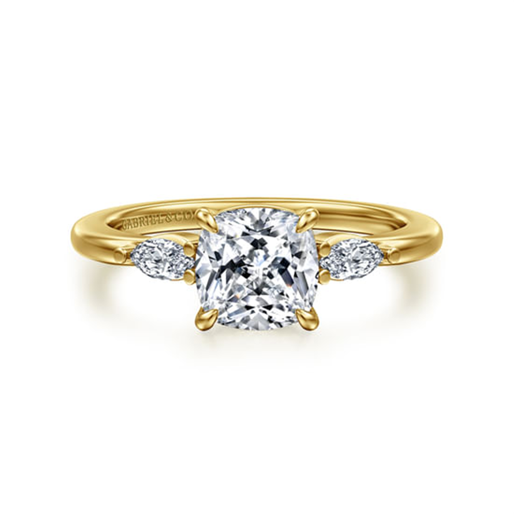 14K Yellow Gold Cushion Cut Three Stone Diamond Engagement Ring Mounting