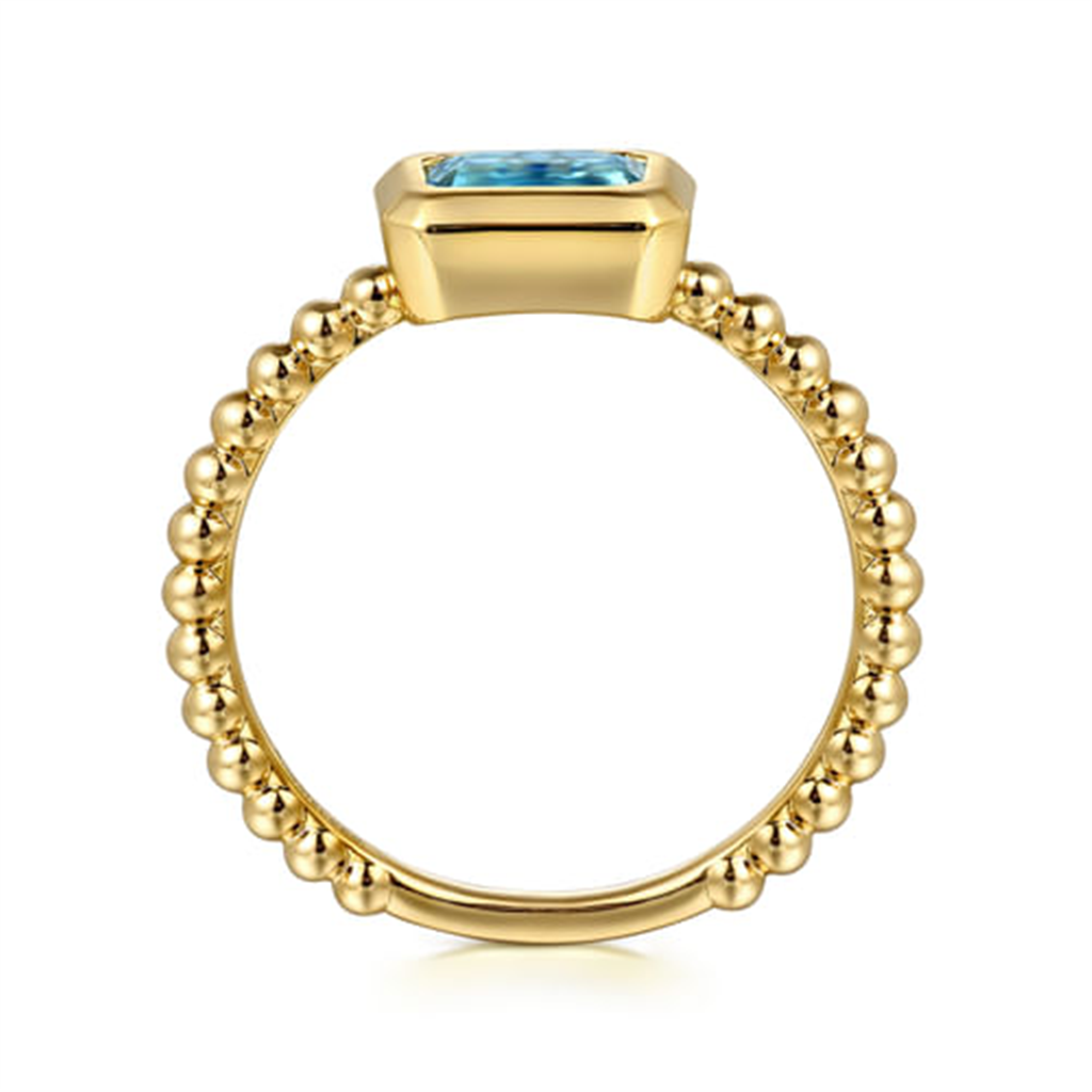 14K Yellow Gold Bezel Set Swiss Blue Topaz Beaded Fashion Ring