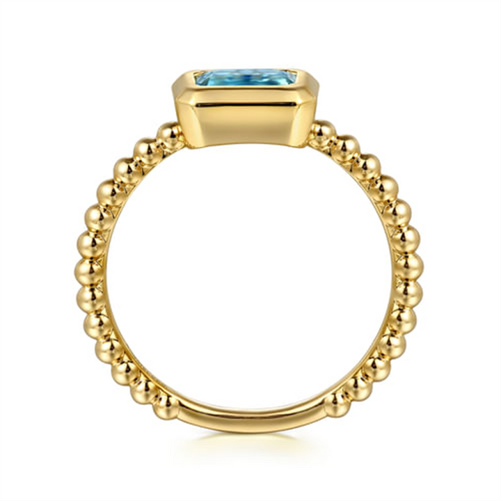 14K Yellow Gold Bezel Set Swiss Blue Topaz Beaded Fashion Ring