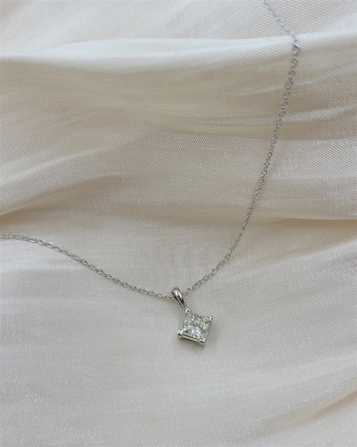 14K White Gold Turned Princess Diamond Solitaire Necklace