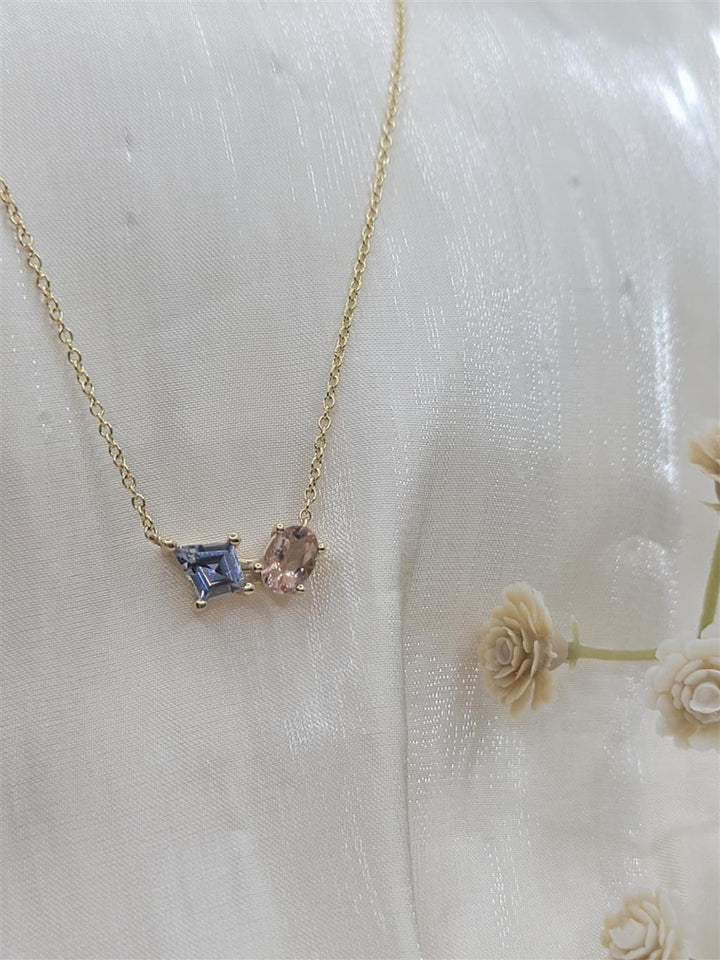 14K Yellow Gold "Us 2" Peach Tourmaline and Blue Sapphire Fashion Necklace