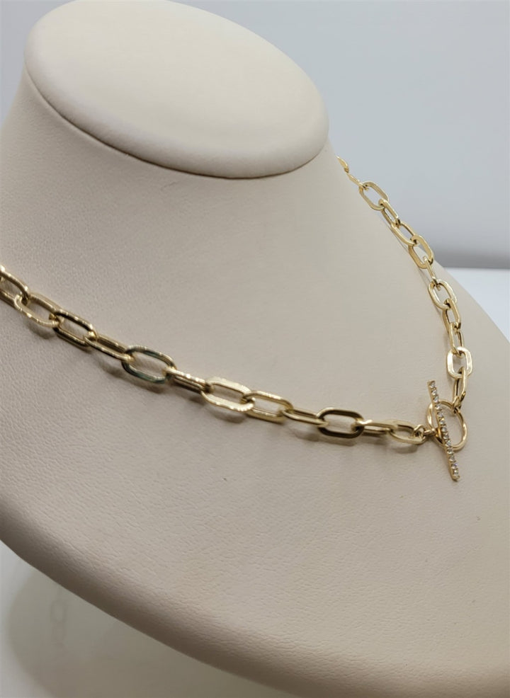 18" 14K Yellow Gold Paper Clip Chain Diamond Toggle Necklace