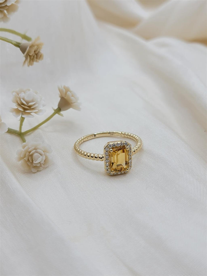 14K Yellow Gold Citrine And Diamond Halo Beaded Fashion Ring