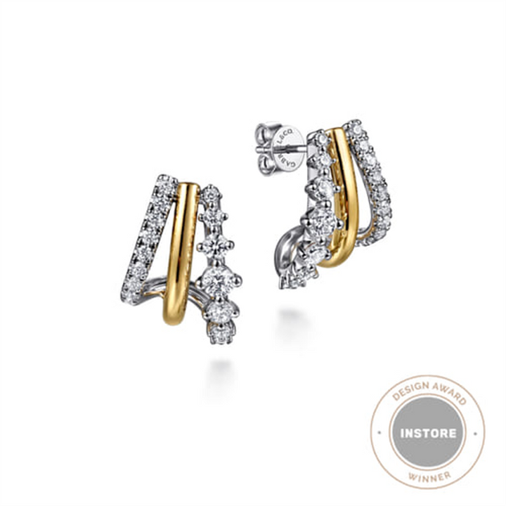 14K White And Yellow Gold .73 Twt Diamond J Hoop Earrings
