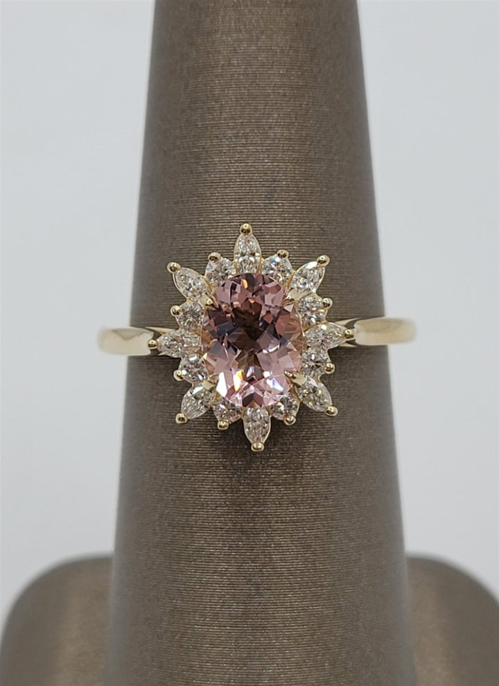 10K Yellow Gold Pink Morganite & Diamond Halo Fashion Ring