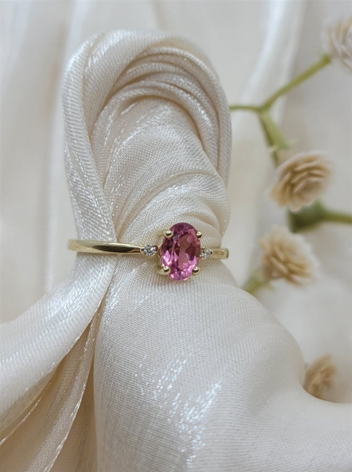 10K Yellow Gold Pink Tourmaline And Diamond Birthstone Ring