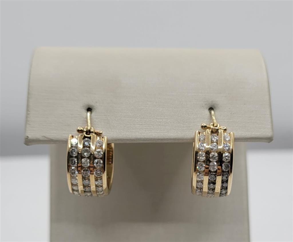 14K Yellow Gold 3 Row Channel Diamond Hoop Earrings