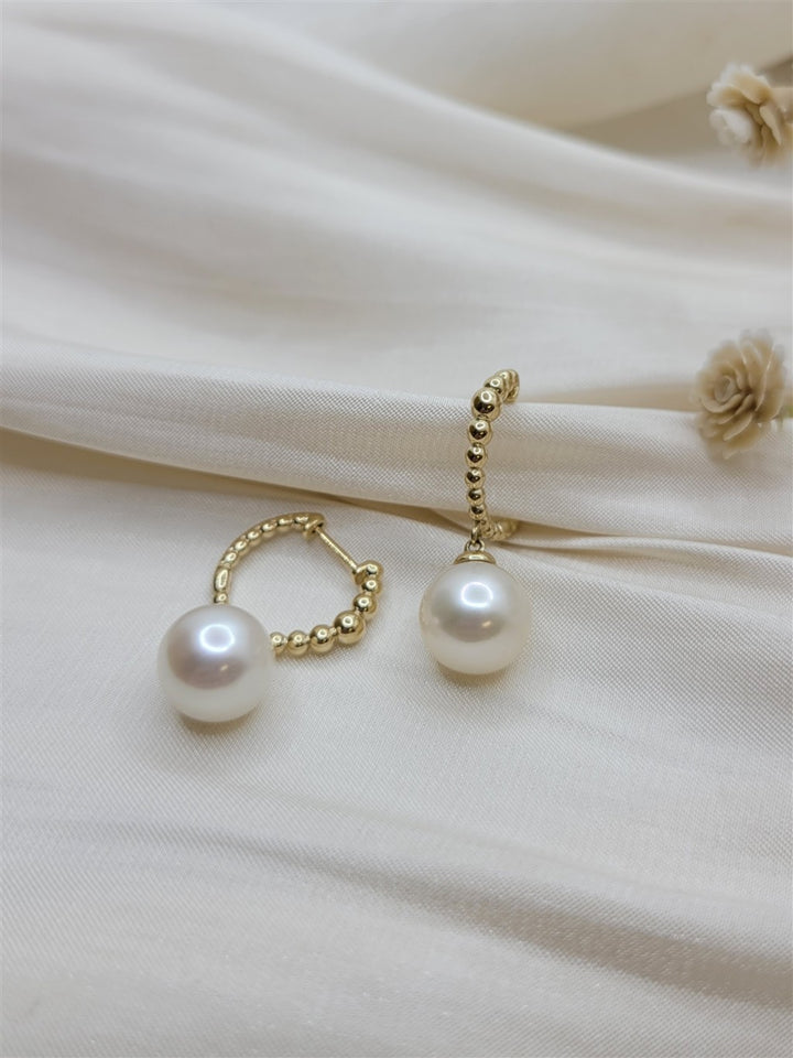 14K Yellow Gold Huggie Hoop Drop Pearl Earrings