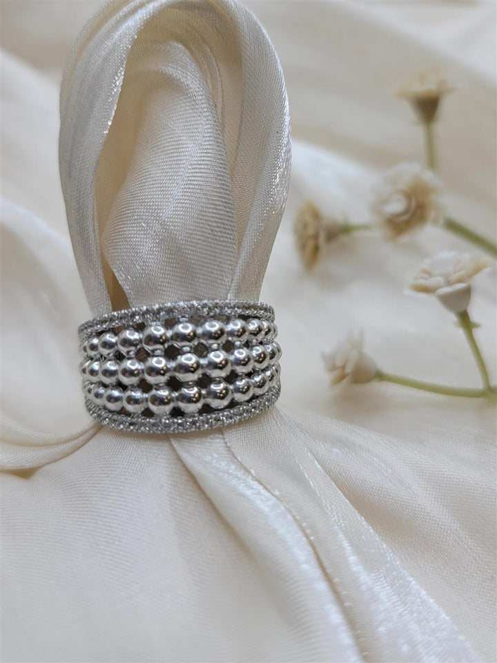 Sterling Silver Beaded Wide Band And White Sapphire Fashion Ring