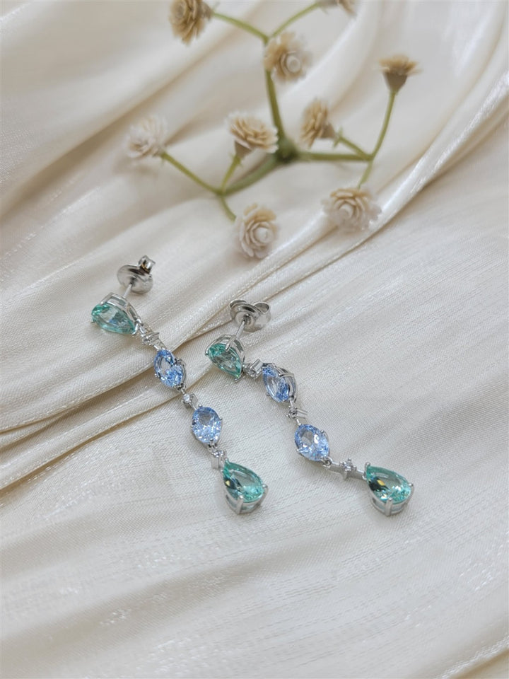 Sterling Silver Lab Grown Blue Topaz, Paraiba Tourmaline, & Swarovski Crystal Dangle Earrings