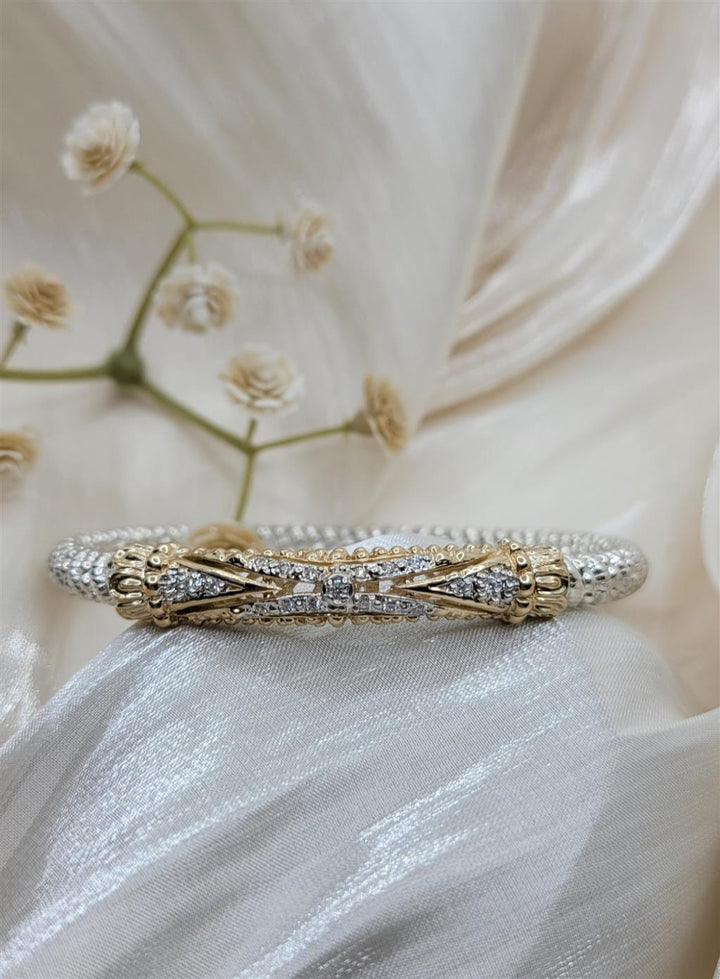 "Vahan" Silver & 14K 4mm Diamond Closed Bangle Bracelet