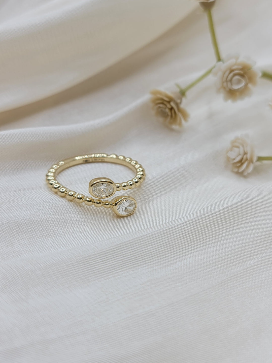 14K Yellow Gold Beaded Oval Diamond Bypass Ring