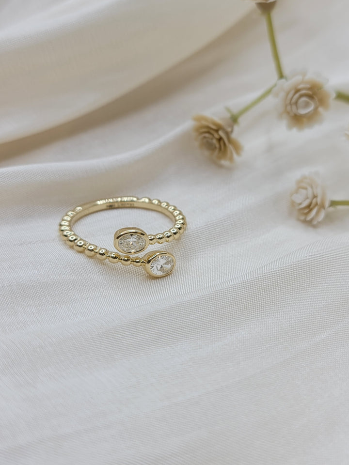 14K Yellow Gold Beaded Oval Diamond Bypass Ring
