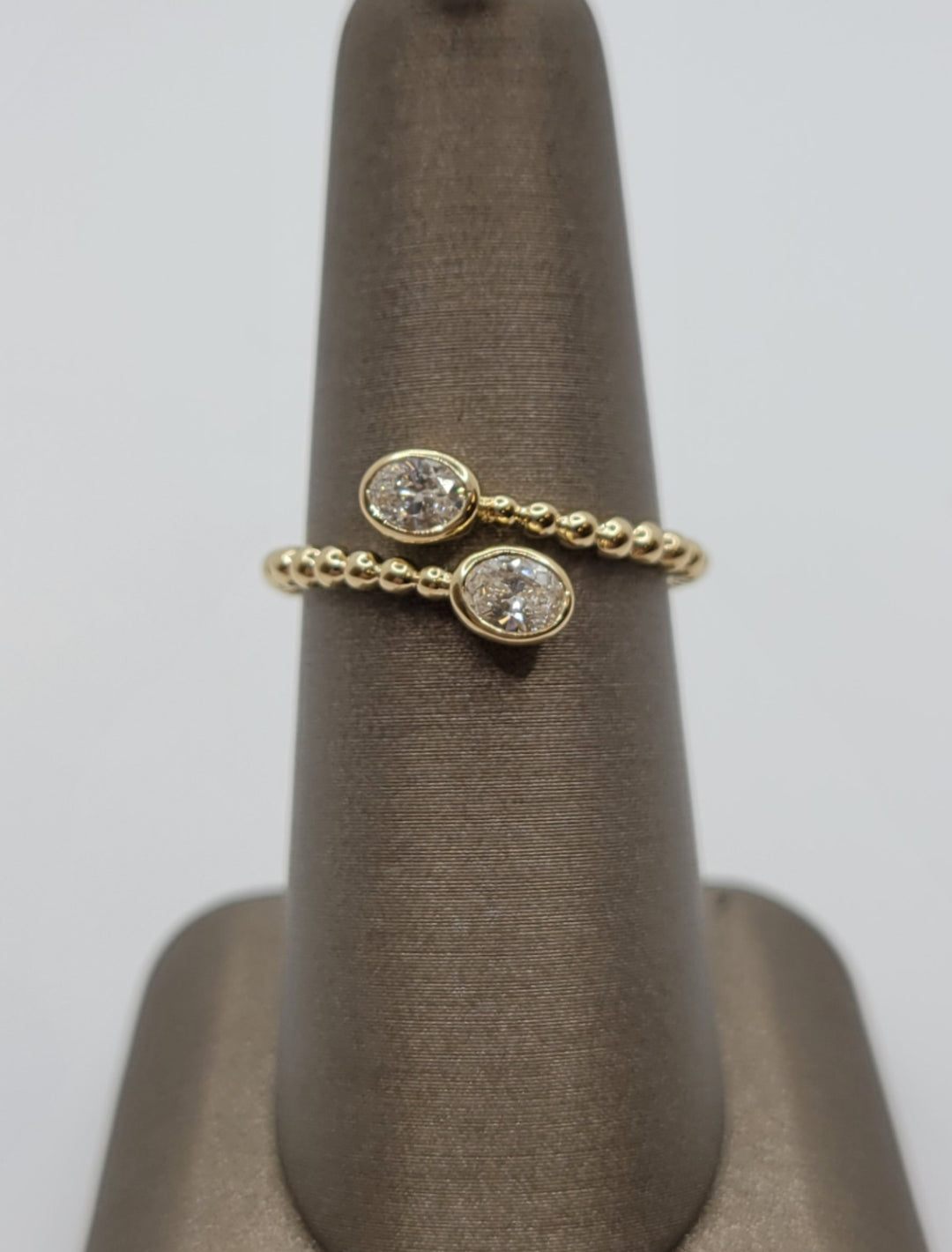 14K Yellow Gold Beaded Oval Diamond Bypass Ring