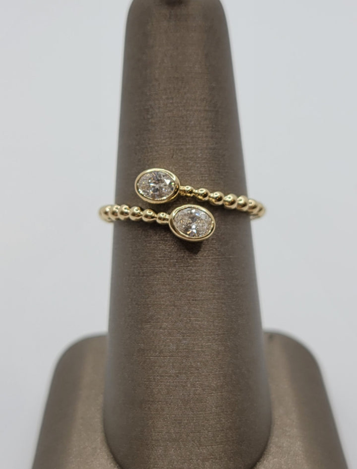 14K Yellow Gold Beaded Oval Diamond Bypass Ring